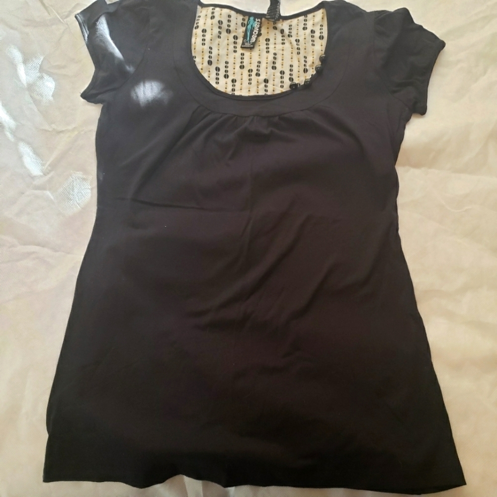 Weavers Black Cotton Round Neck Button Detail Cap Sleeve Women's Top size M NWT